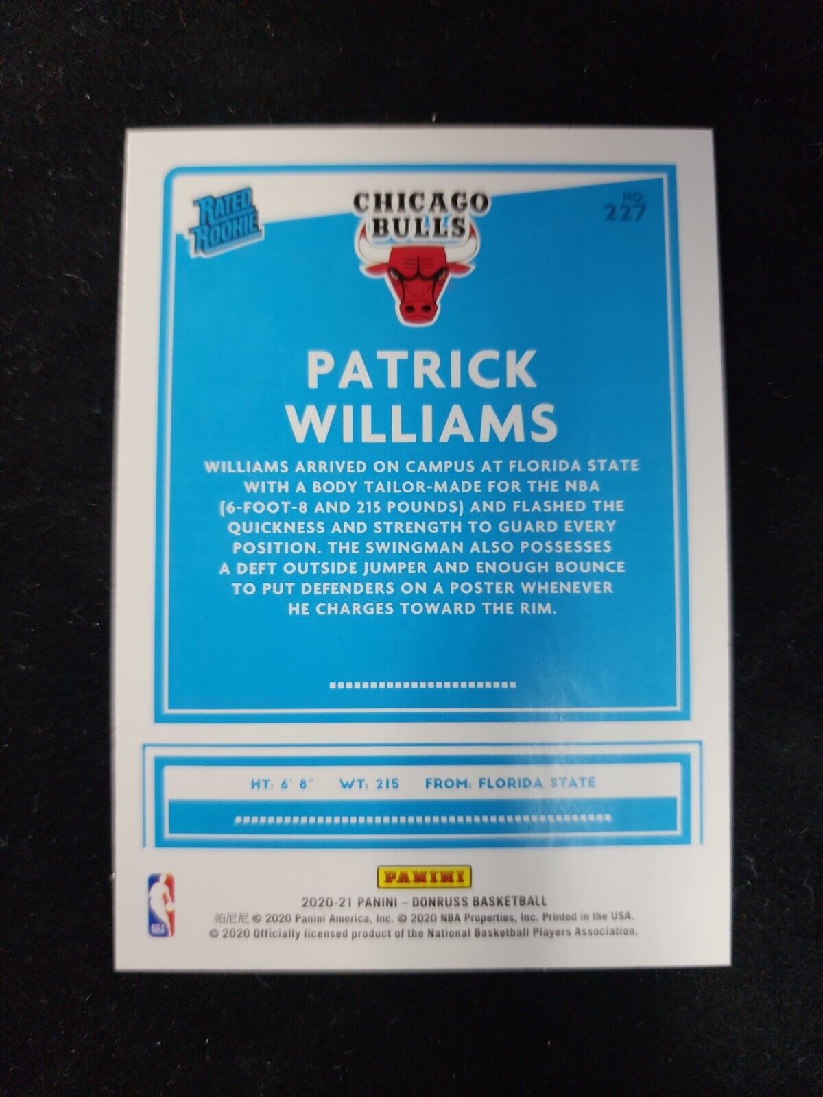 2020-21 Panini Donruss Patrick Williams Orange Holo Laser Rated Rookie Card #227