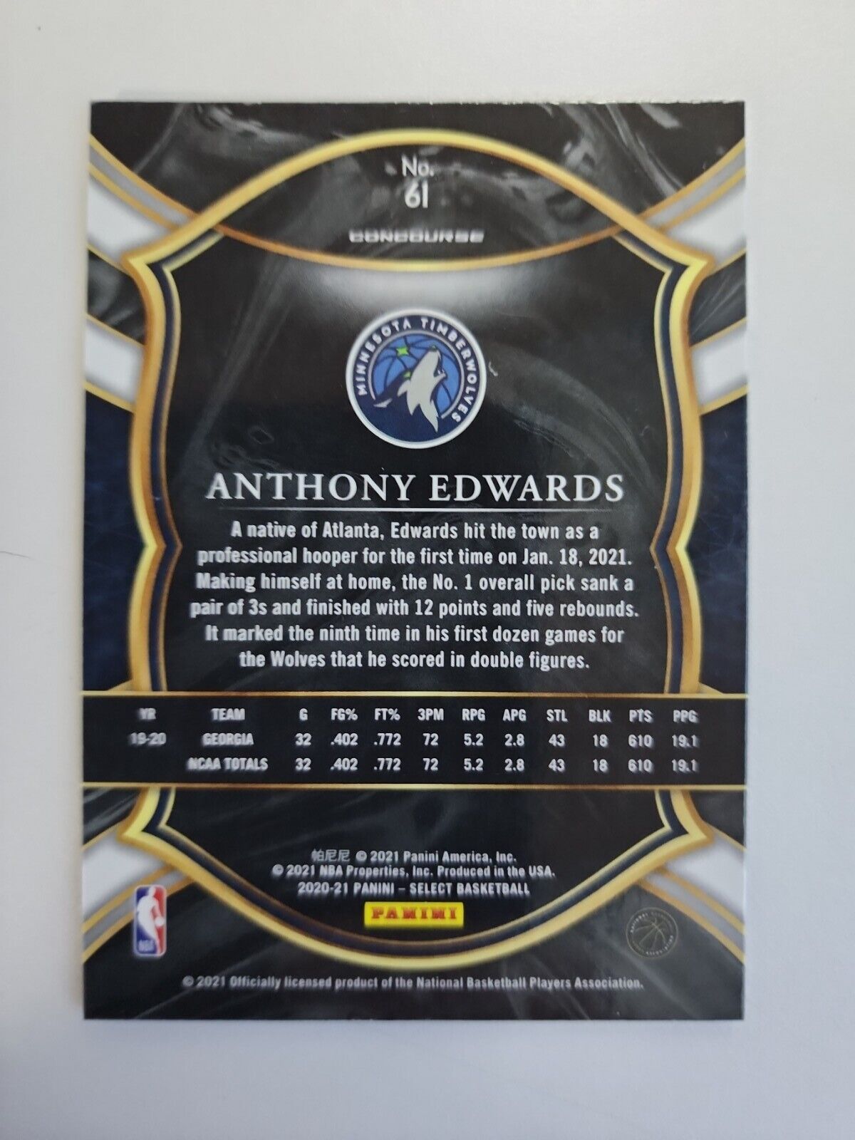 Anthony Edwards 2020-21 Select Concourse Blue Rookie #61 Timberwolves RC