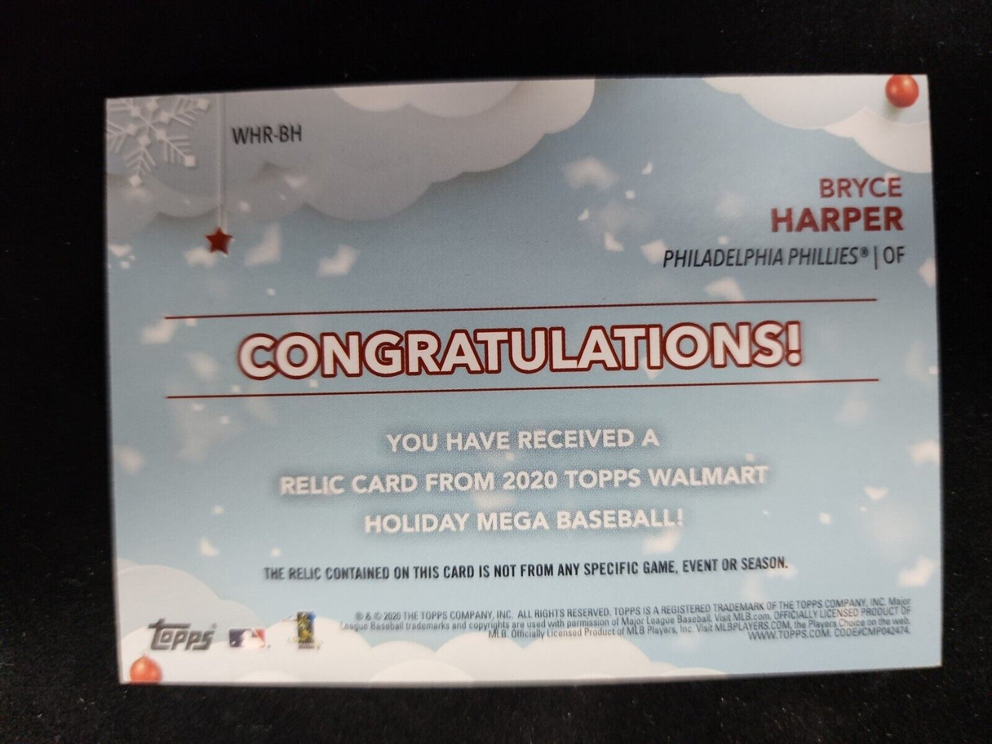 Bryce Harper 2020 Topps Walmart Holiday Mega GAME USED JERSEY PHILLIES #WHR-BH