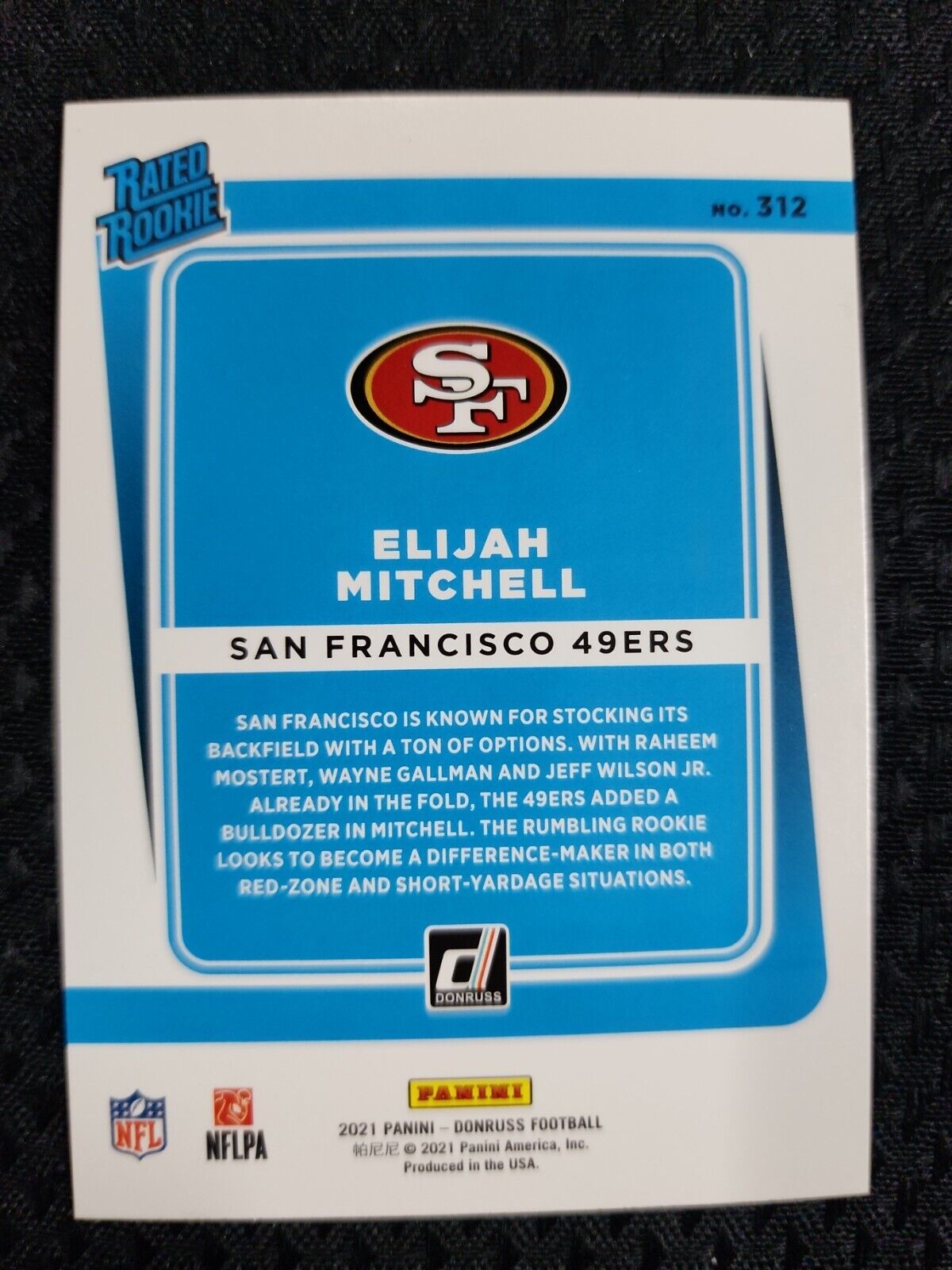 Elijah Mitchell 2021 Panini Donruss Football #312 Rated Rookie Press Proof Blue