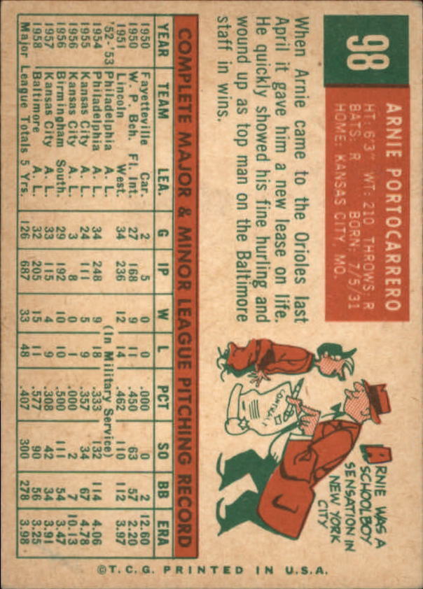 1959 Topps #98 Arnie Portocarrero - Vg+