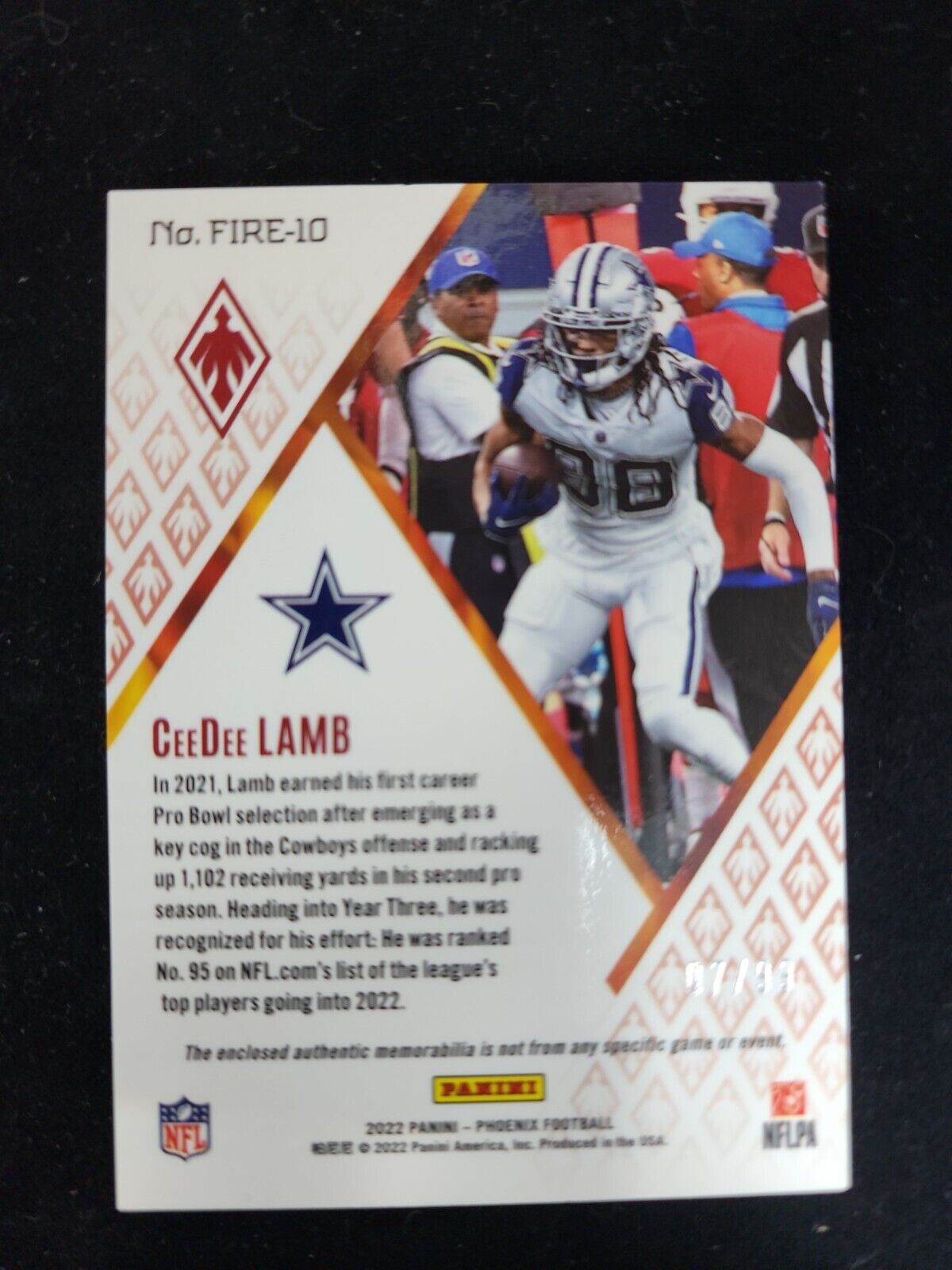 CEEDEE LAMB 2022 Panini Phoenix Hobby Fire Fabrics #'d/99 Cowboys