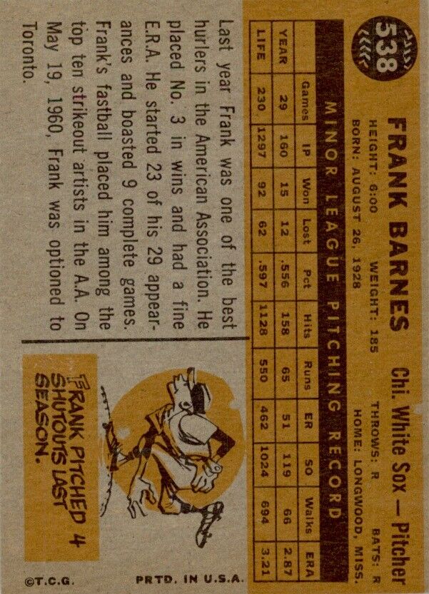 1960 Topps #538 Frank Barnes RC - Ex+