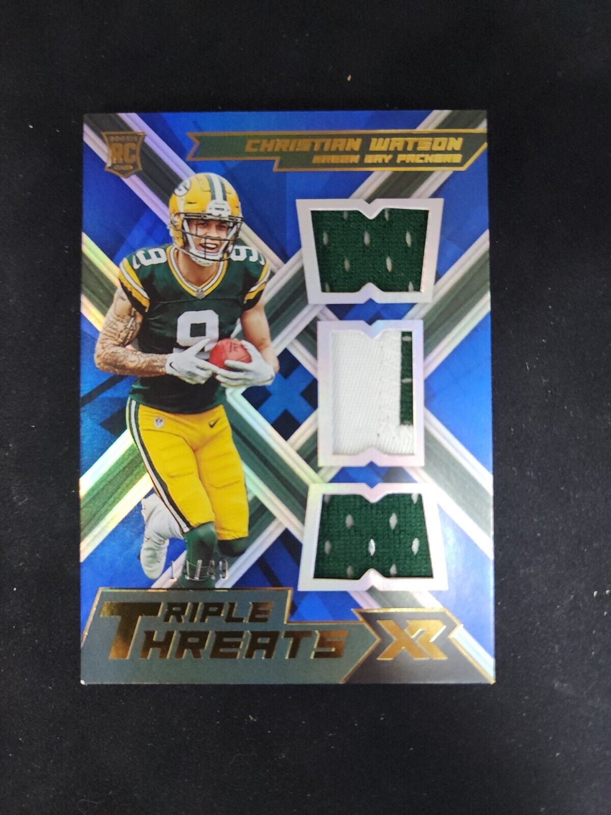 2022 Panini Xr Triple Threats Christian Watson /49 RC SP Triple Patch - Blue