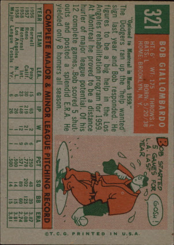 1959 Topps #321A Bob Giallombardo RC With Option line - NM