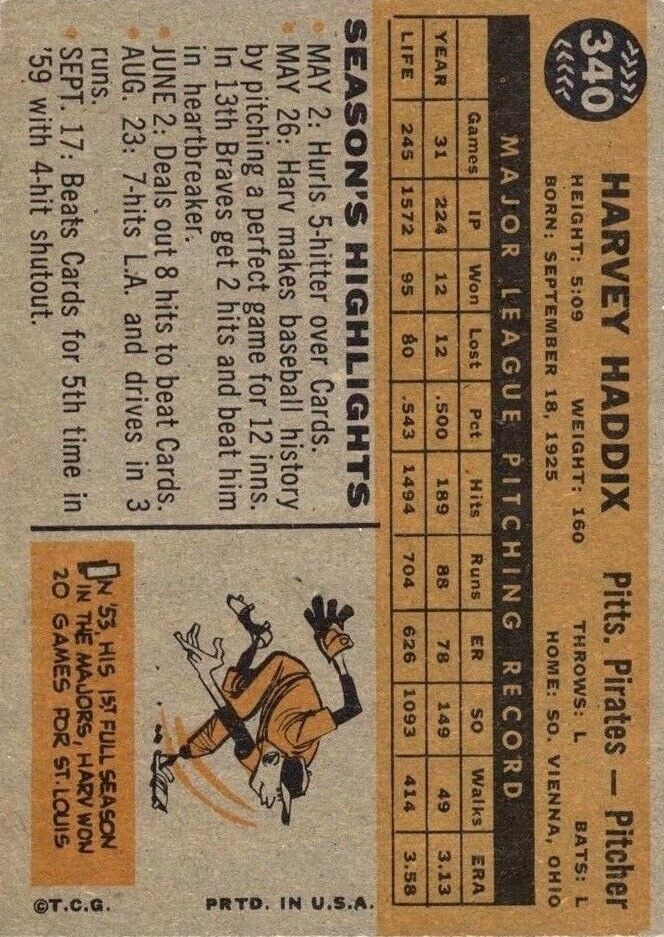 1960 Topps #340 Harvey Haddix - Ex+