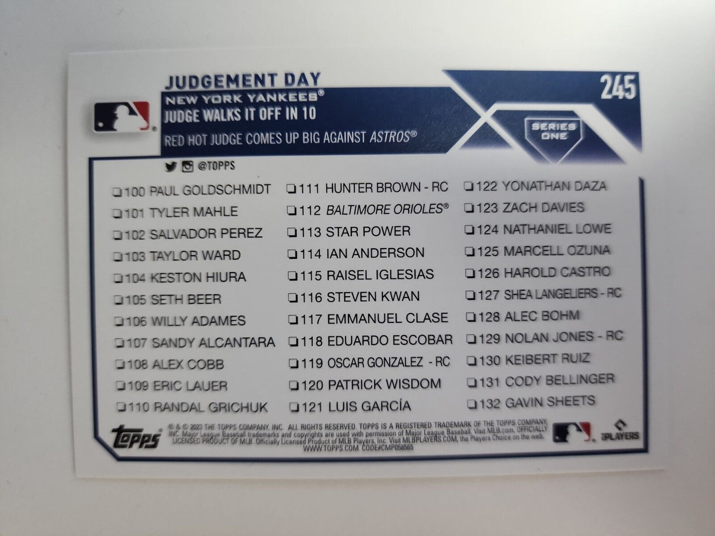 2023 Series 1 Base Gold Foil #245 JUDGEMENT DAY - AARON JUDGE - NY YANKEES