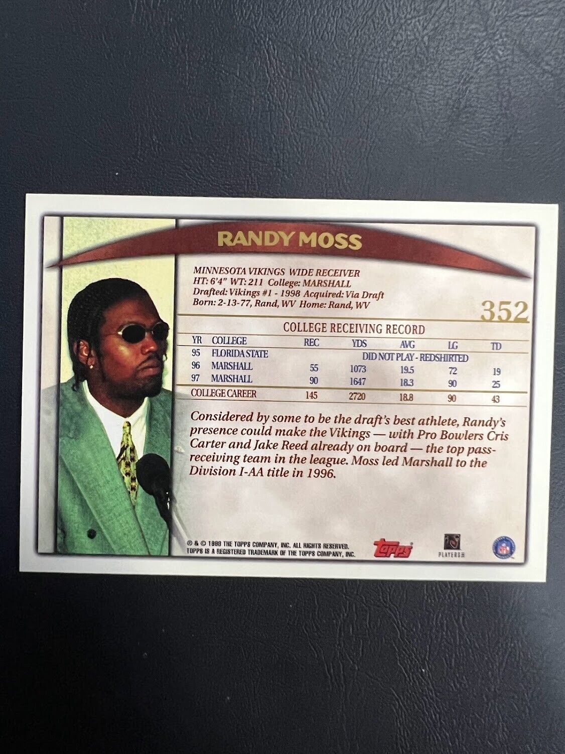 Randy Moss 1998 Topps Draft Picks Gold Football Rookie Card RC #352 Vikings NM