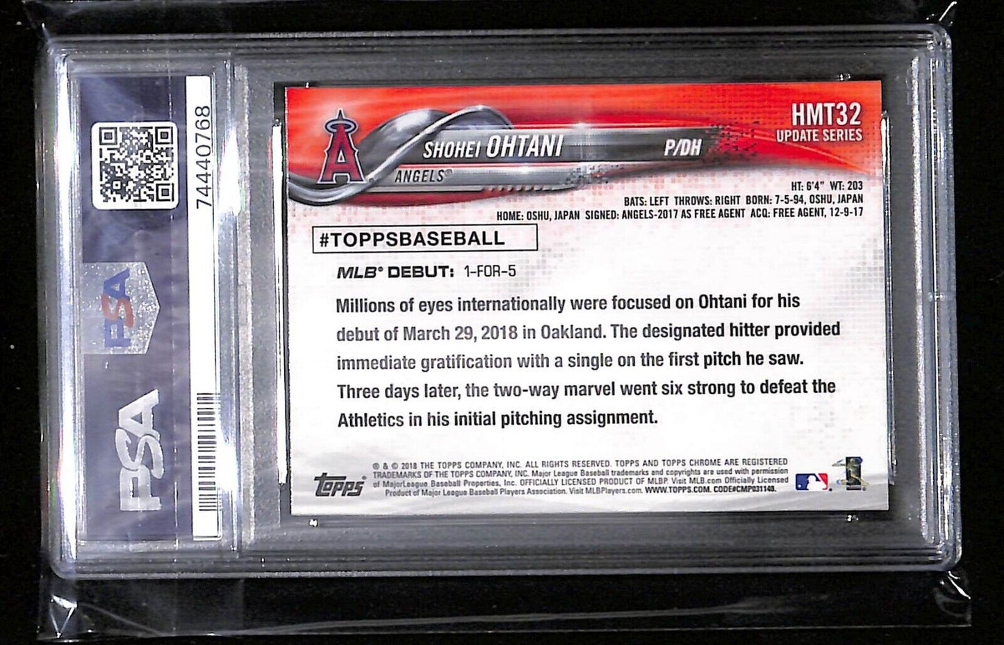 2018 TOPPS CHROME UPDATE #HMT32 SHOHEI OHTANI RC ANGELS ROOKIE DEBUT PSA 10 GEM!