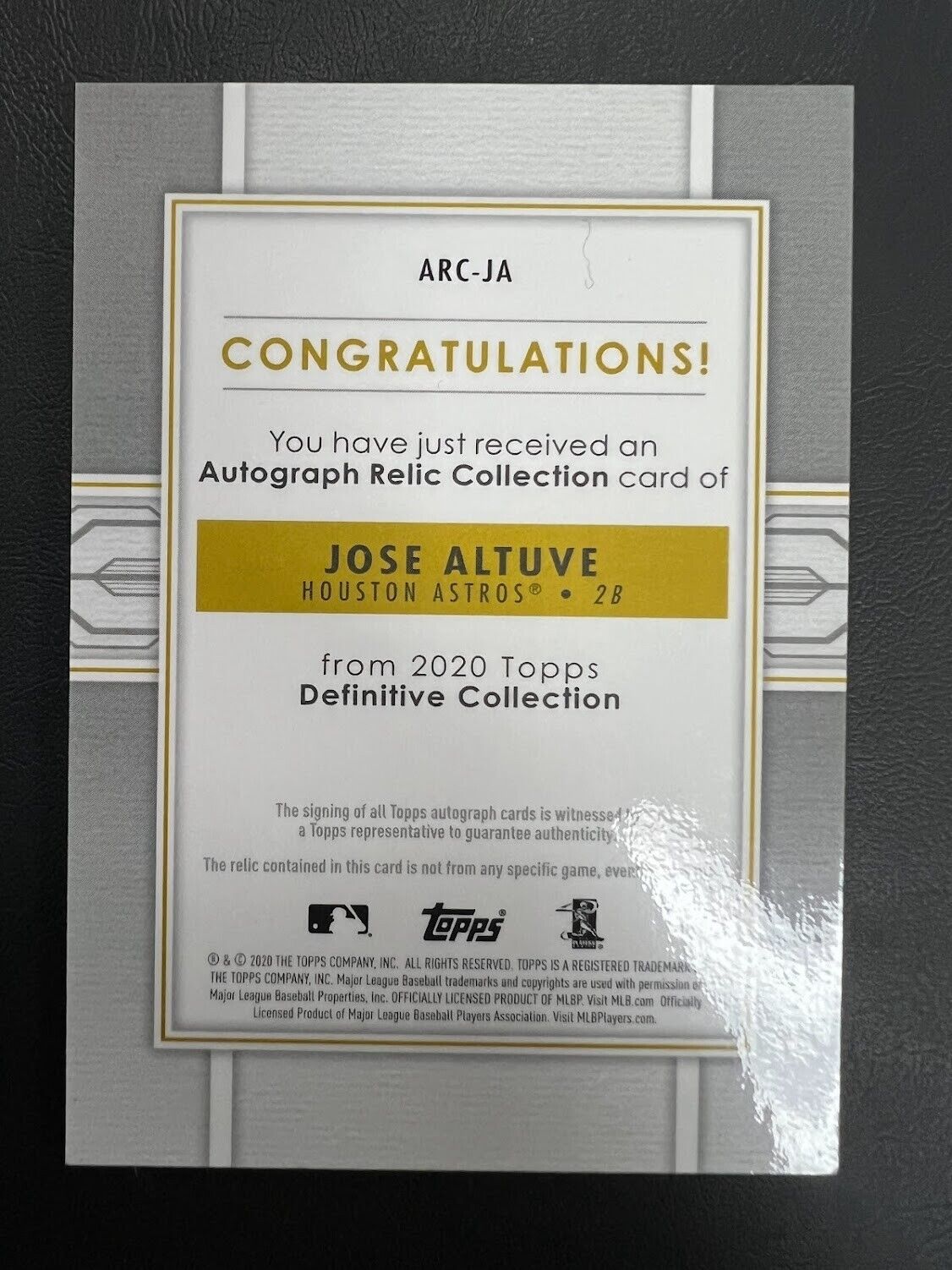 Jose Altuve 2020 Topps Definitive Collection Relic on Card Auto + Patch 7/30 J