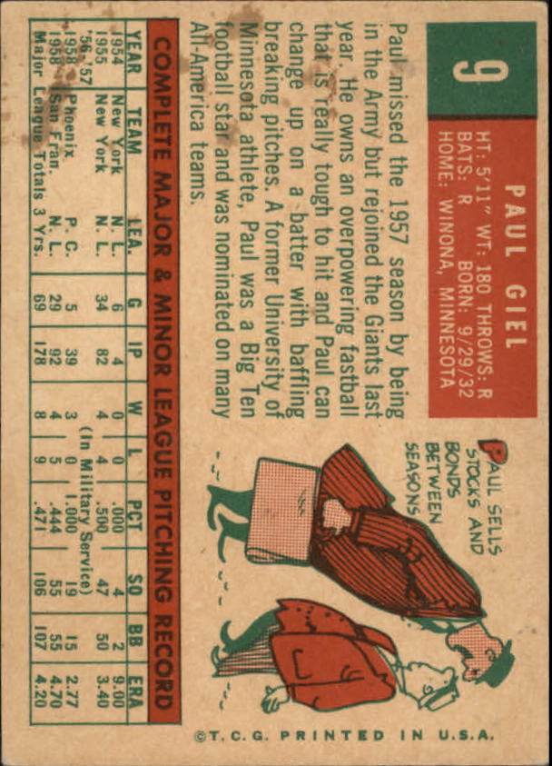 1959 Topps #9 Paul Giel - VgEx+