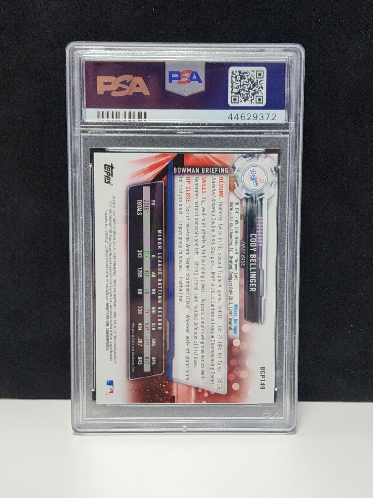 2017 Bowman #BCP149 Cody Bellinger prospects chrome rookie RC PSA 10