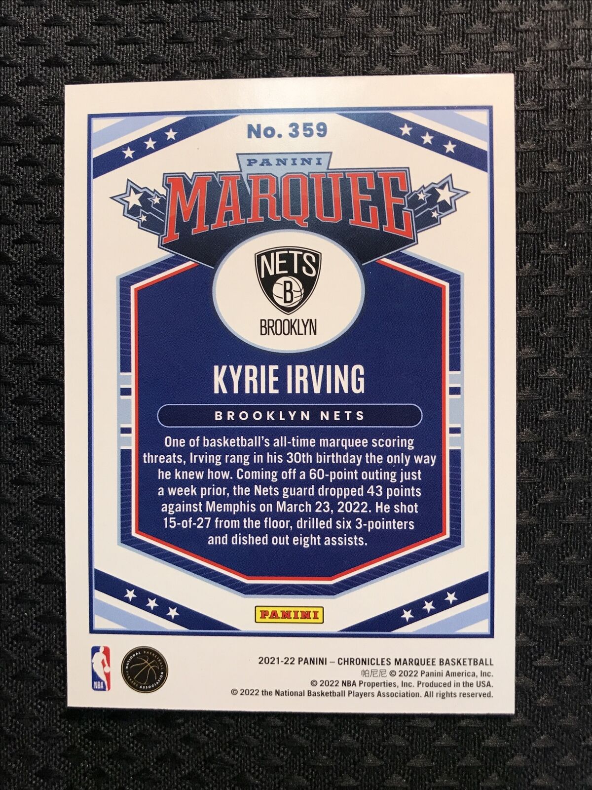 2021-22 Panini Chronicles Marquee Kyrie Irving Blue Parallel /99 Brooklyn Nets