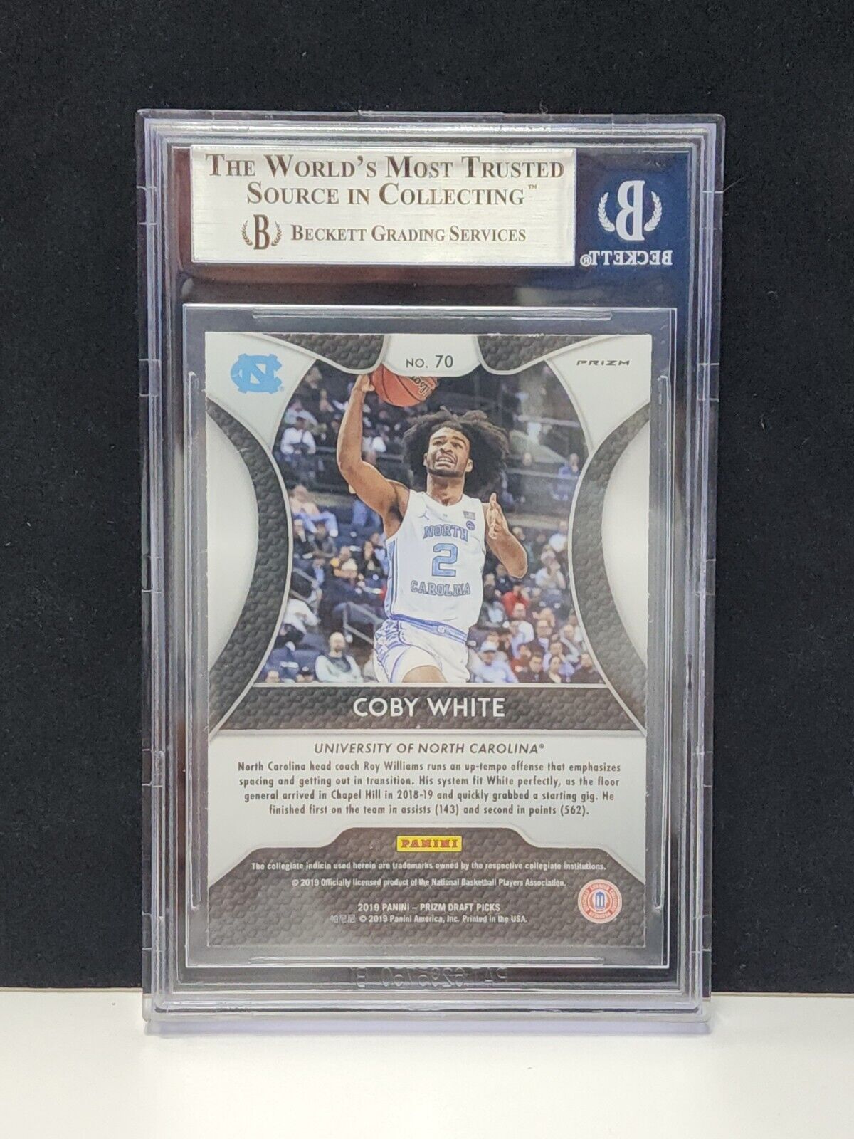 2019-20 Prizm Draft Picks Coby White Silver Prizm Rookie Card RC #70 Beckett 8.5