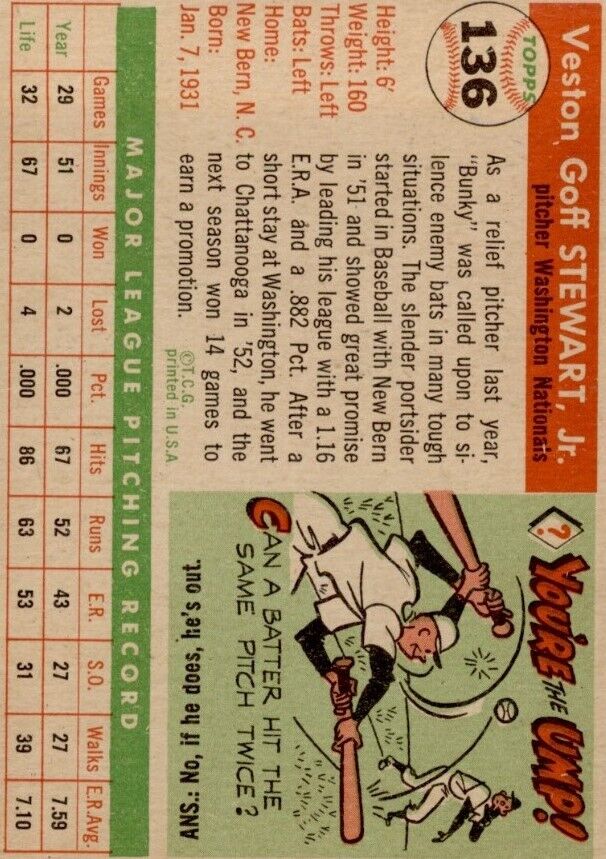 1955 Topps #136 Veston Bunky Stewart RC - NM