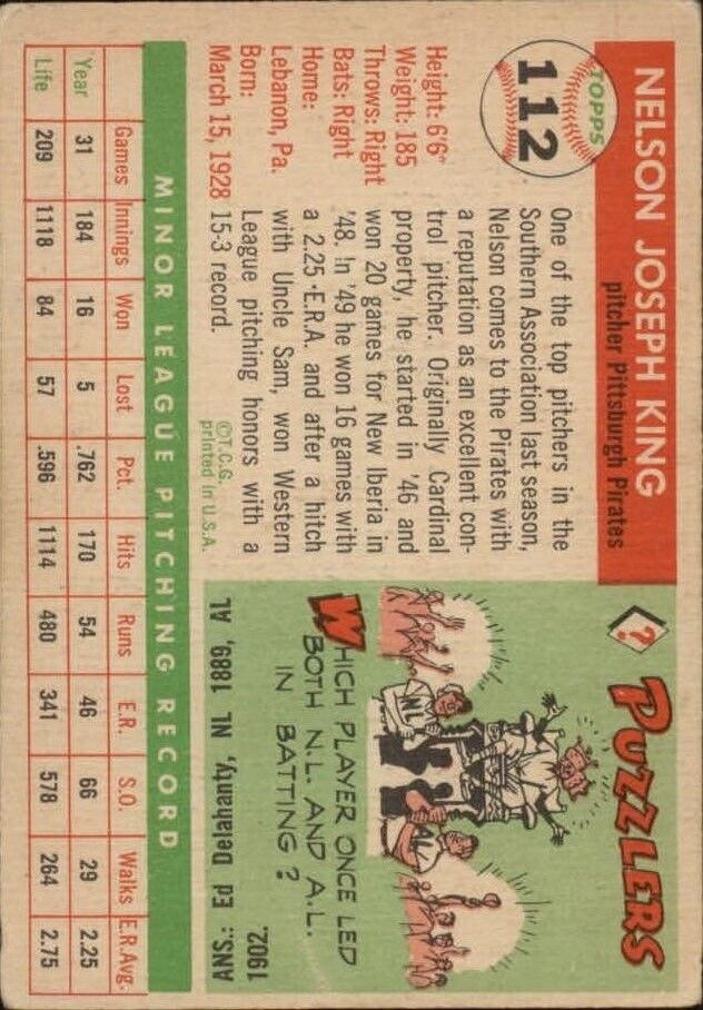 1955 Topps #112 Nelson King RC - NM