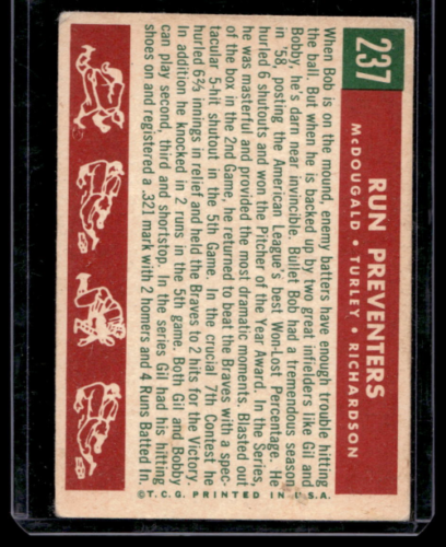 1959 Topps #237 Run Preventers Gil McDougald Bob Turley Bobby Richardson - NM