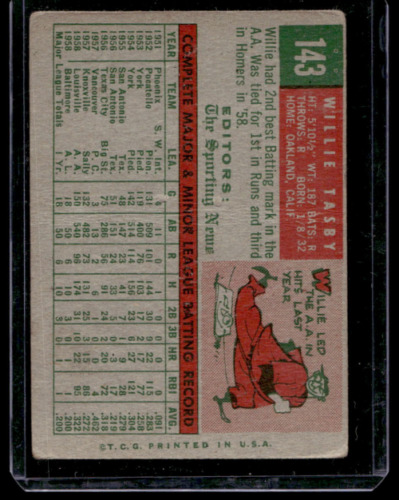 1959 Topps #143 Willie Tasby RS RC - NM