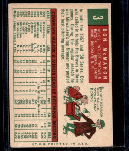 1959 Topps #3 Don McMahon - NM