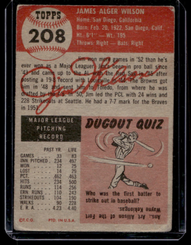 1953 Topps #208 Jim Wilson - NrMt+