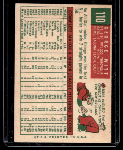 1959 Topps #110 George Witt RC - NM