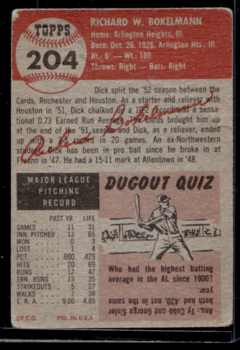 1953 Topps #204 Dick Bokelman RC - NrMt+
