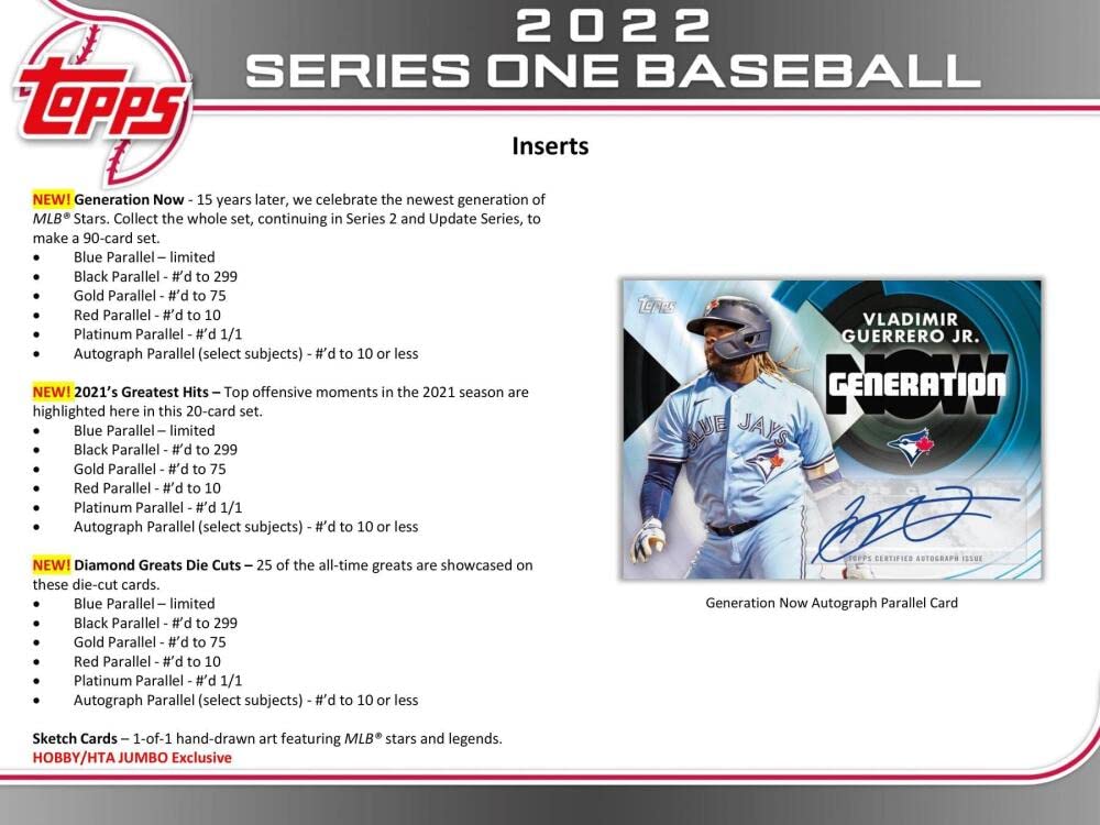 2022 Topps Series 1 Baseball Hobby Box (24 Packs/14 Cards: 1 Auto or Relic, 1 Silver Pack)