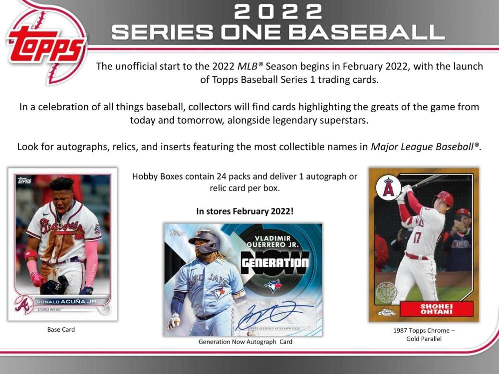 2022 Topps Series 1 Baseball Hobby Box (24 Packs/14 Cards: 1 Auto or Relic, 1 Silver Pack)