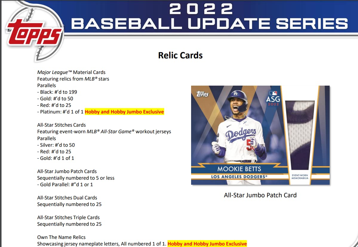 2022 Topps Update Baseball Hobby Box (24 Packs/14 Cards, 1 Silver Pack, 1 Auto or Relic)