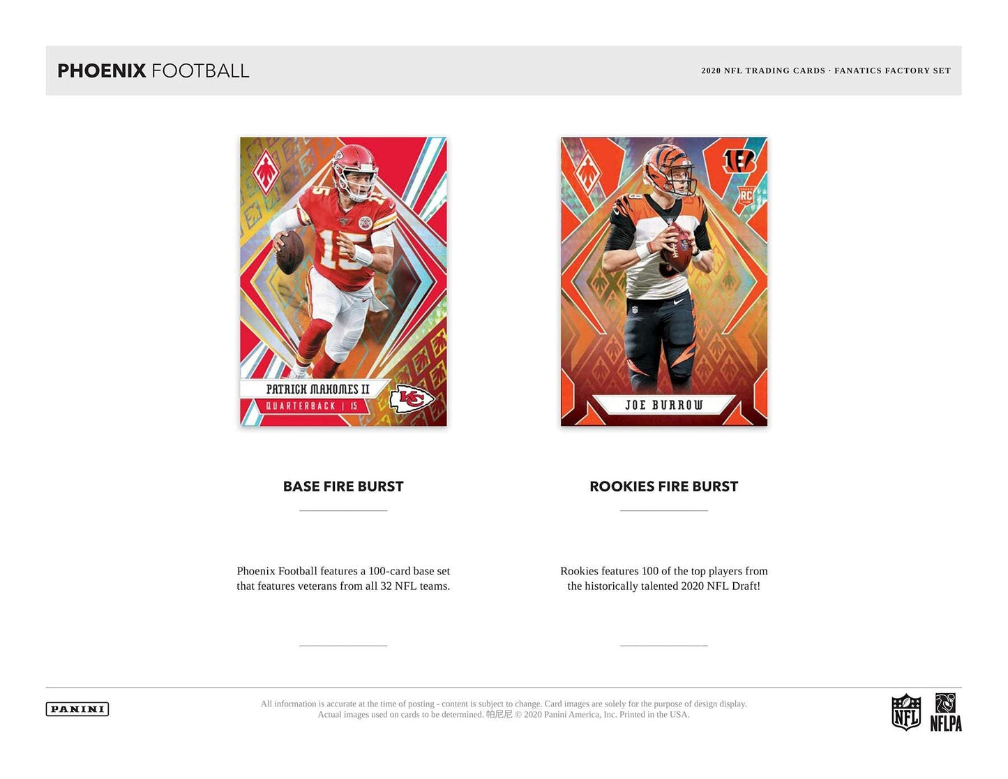 2020 Panini PHOENIX Exclusive 200-Card FACTORY Sealed FOOTBALL Card SET - Fanatics Fire Burst Parallel for Every Card! - Includes 100 Rookie cards with JUSTIN HERBERT and JOEBURROW!