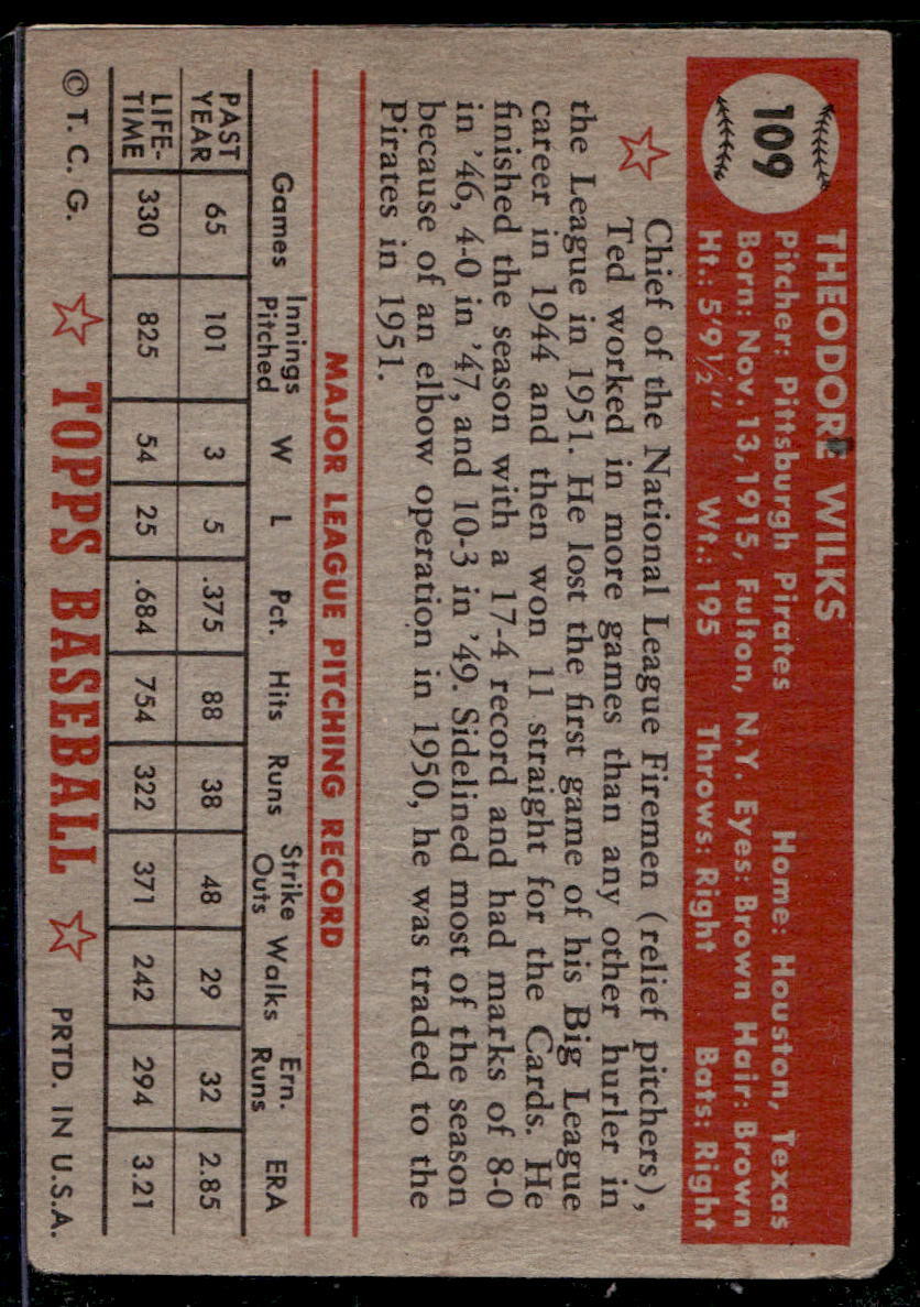 1952 Topps #109 Ted Wilks - GOOD