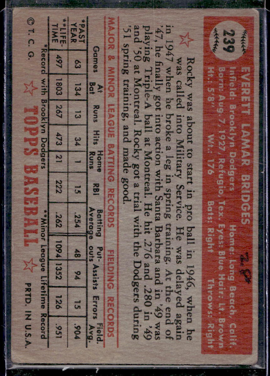 1952 Topps #239 Rocky Bridges RC - GOOD