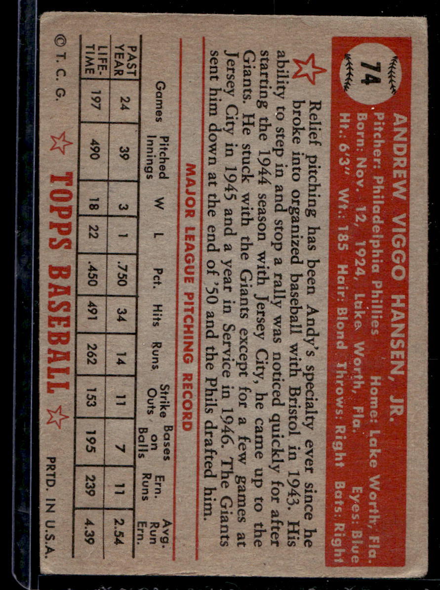 1952 Topps #74 Andy Hansen RC - VG