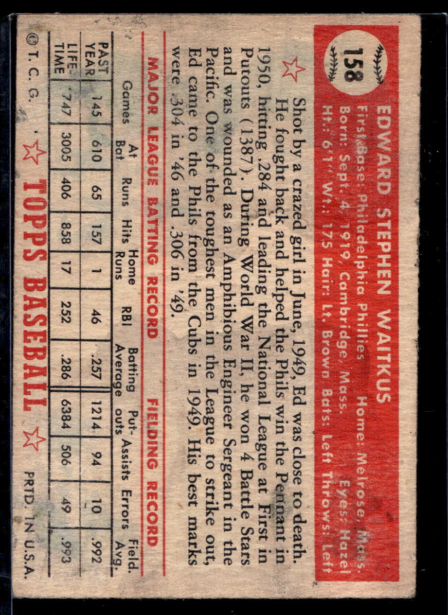 1952 Topps #158 Eddie Waitkus - VG