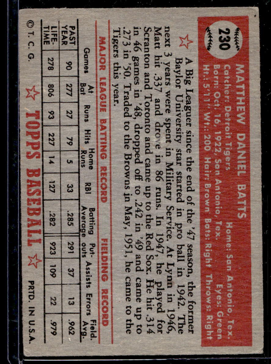 1952 Topps #230 Matt Batts - VG