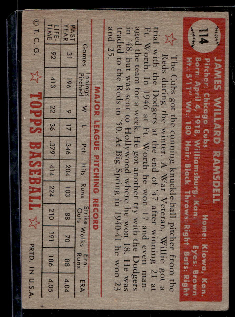 1952 Topps #114 Willard Ramsdell - VG-EX