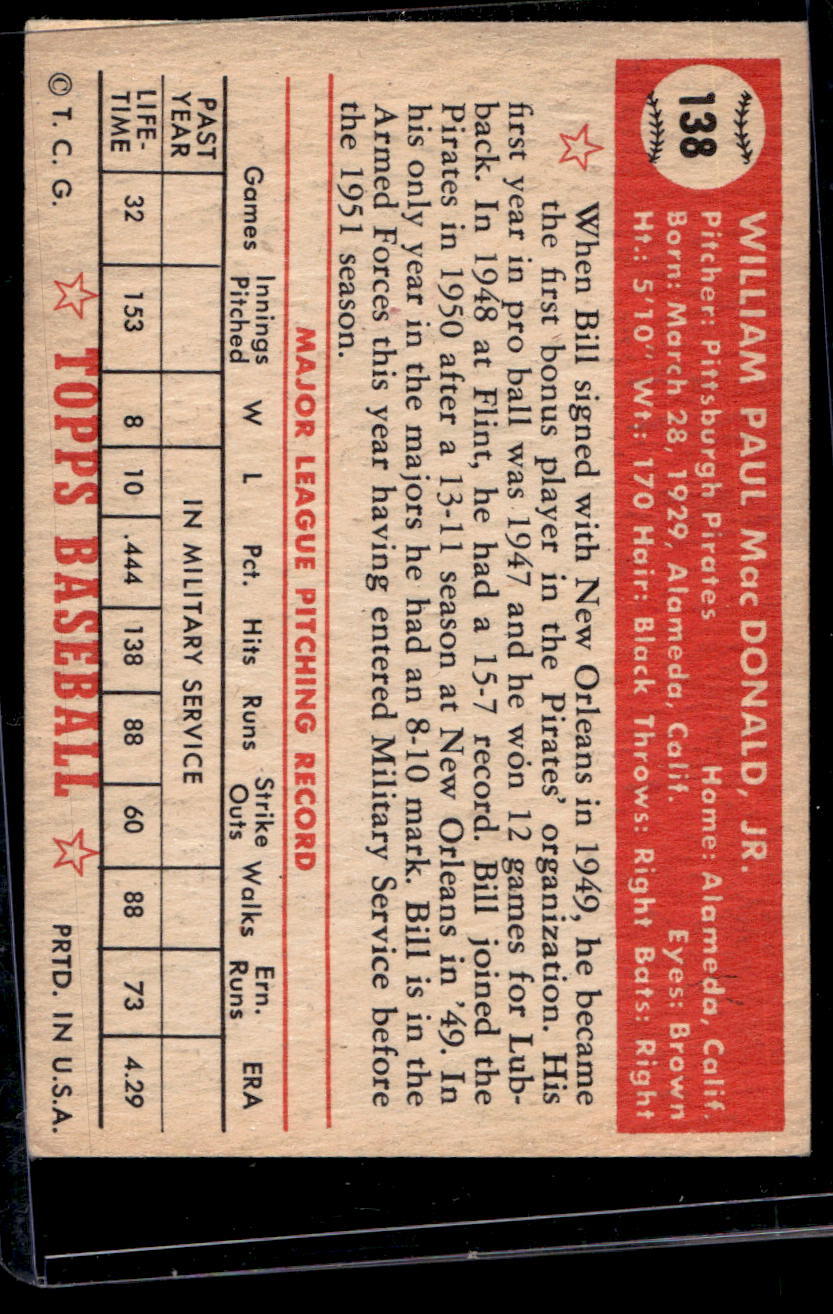 1952 Topps #138 Bill MacDonald - VG-EX
