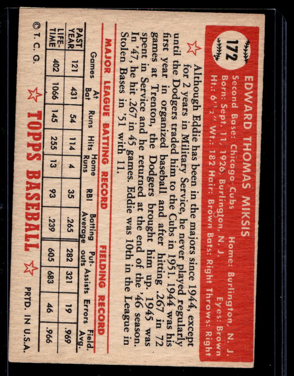 1952 Topps #172 Eddie Miksis - VG-EX