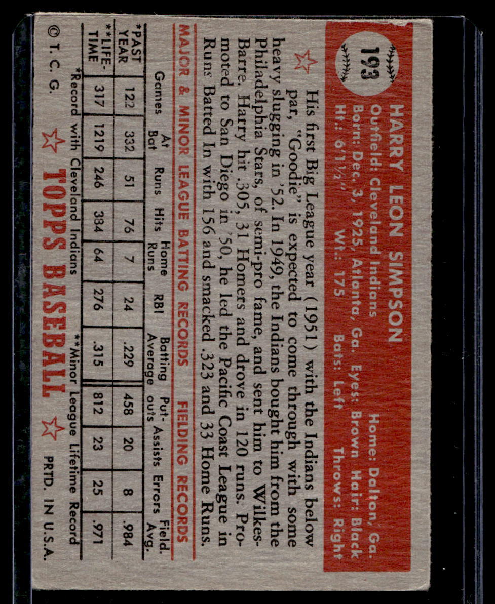 1952 Topps #193 Harry Simpson RC - VG-EX