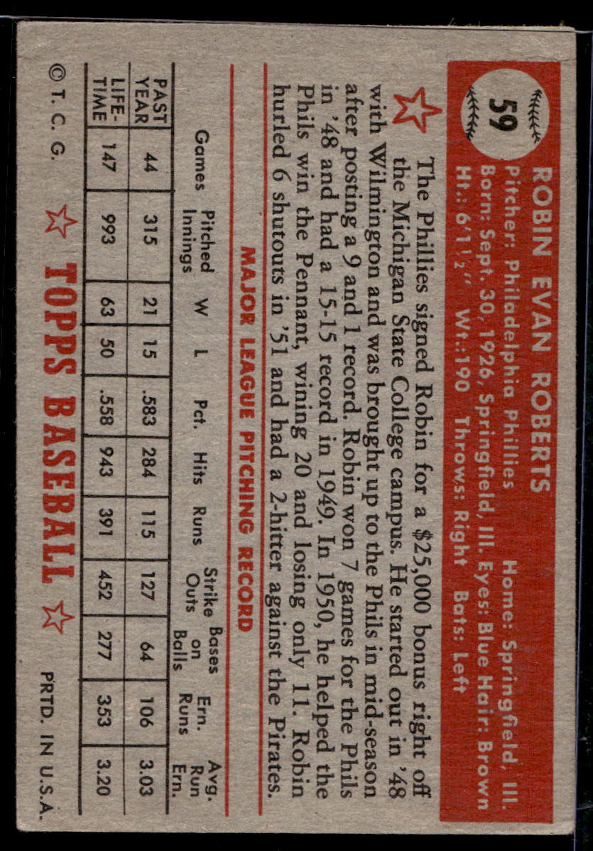 1952 Topps #59 Robin Roberts - EX
