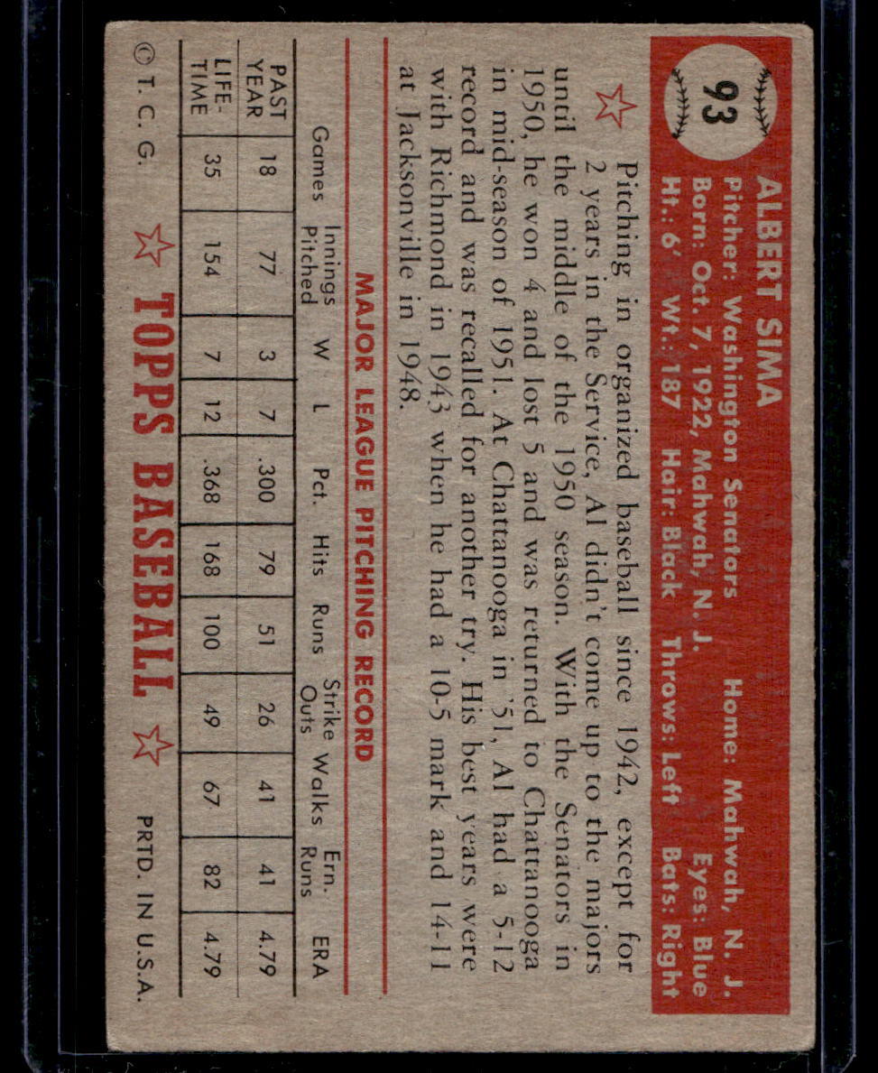 1952 Topps #93 Al Sima RC - EX-MT