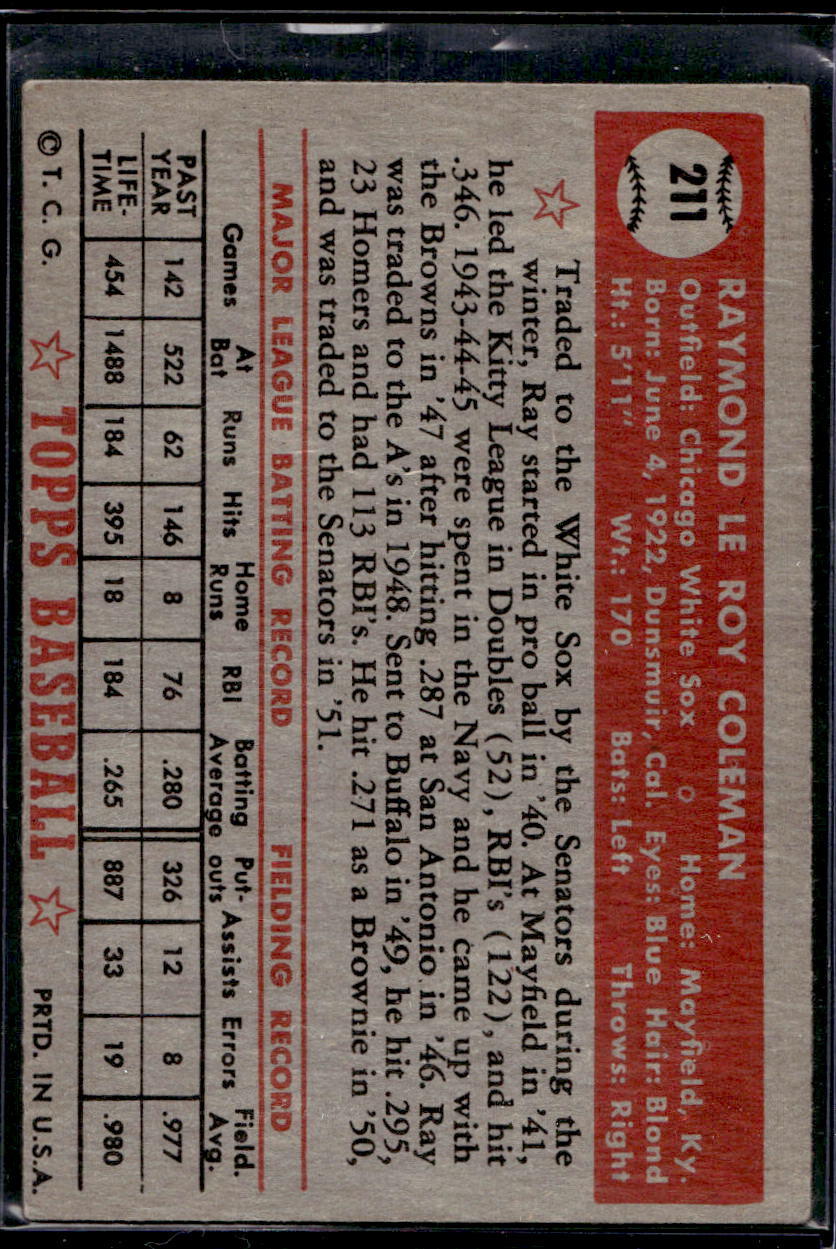 1952 Topps #211 Ray Coleman - EX