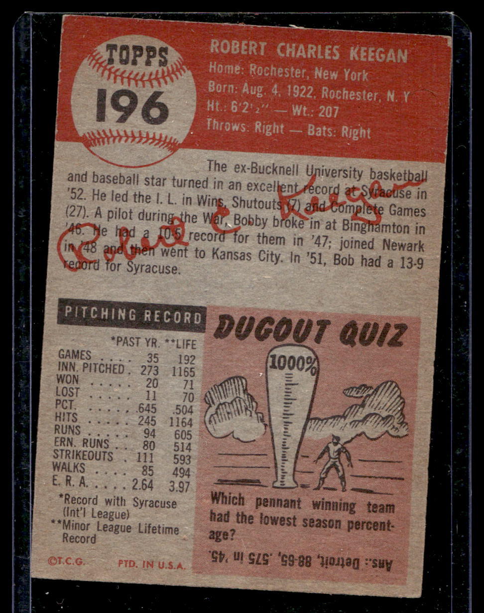 1953 Topps #196 Bob Keegan RC - VG