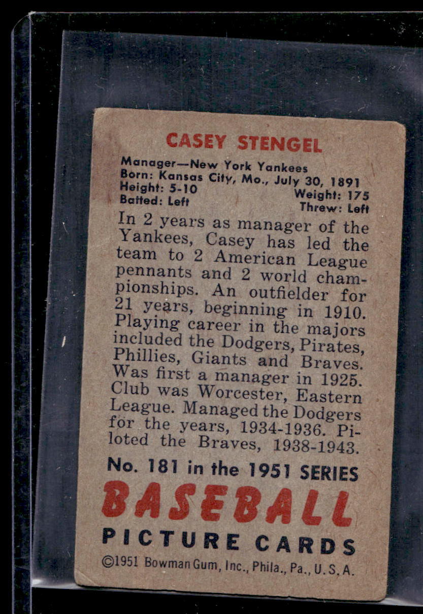 1951 Bowman #181 Casey Stengel MG - GOOD