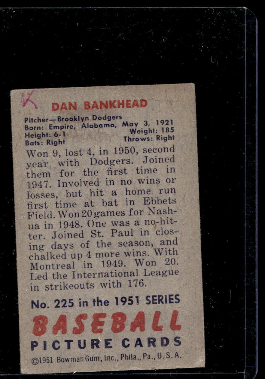 1951 Bowman #225 Dan Bankhead RC - VG