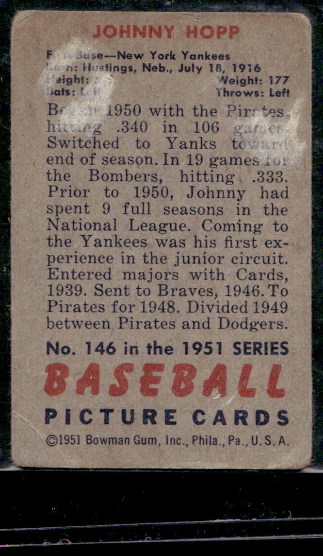 1951 Bowman #146 Johnny Hopp - GOOD