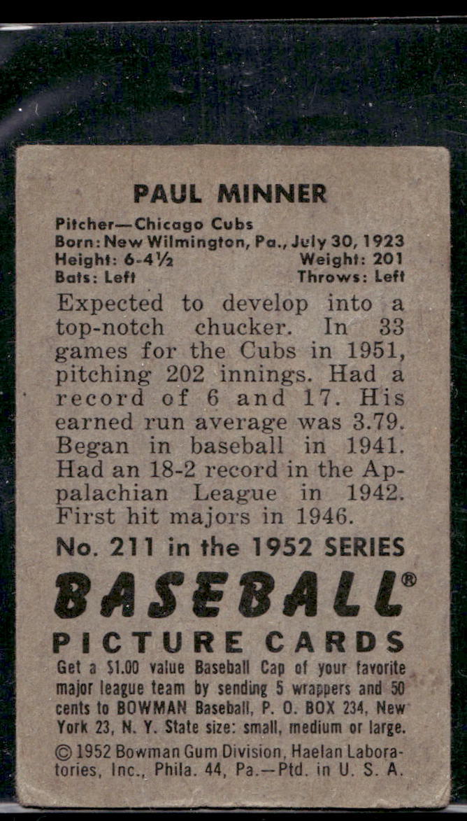 1952 Bowman #211 Paul Minner RC - VG