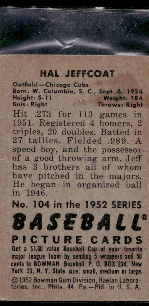 1952 Bowman #104 Hal Jeffcoat - VG