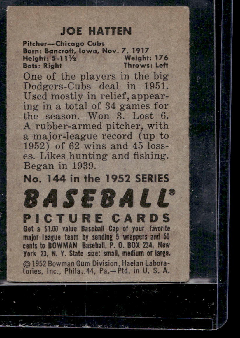 1952 Bowman #144 Joe Hatten - VG-EX