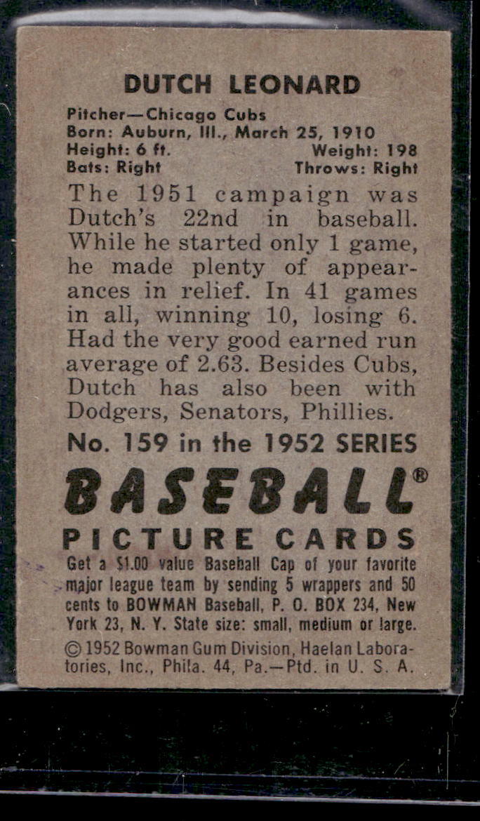 1952 Bowman #159 Dutch Leonard - VG-EX